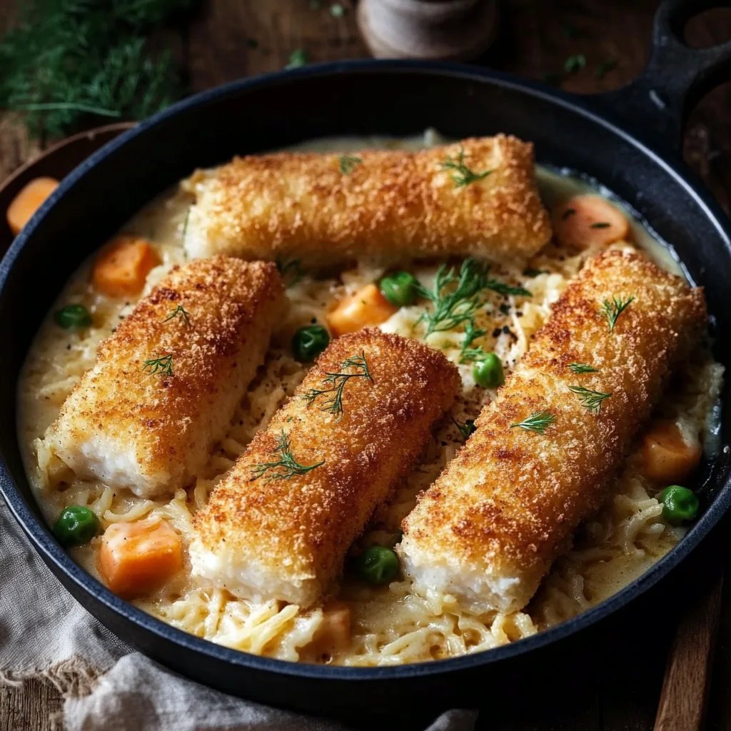 Fischstäbchen-Auflauf mit Reis und Gemüse