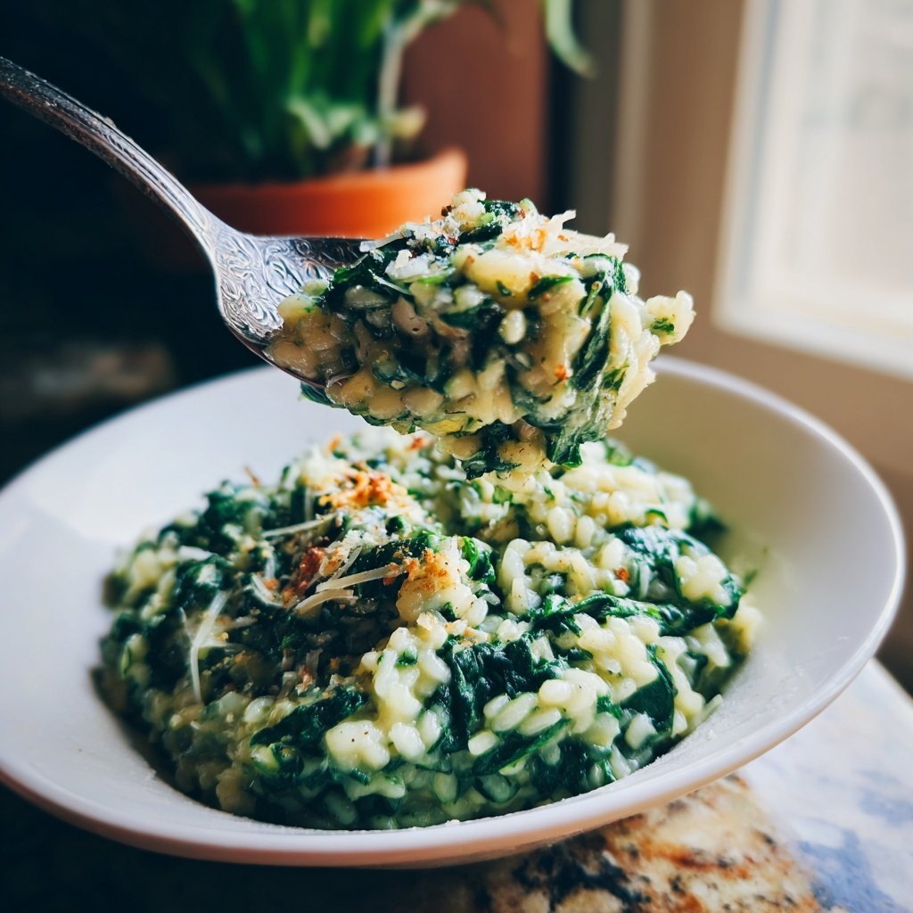 Abendessen mit cremigem Spinatrisotto