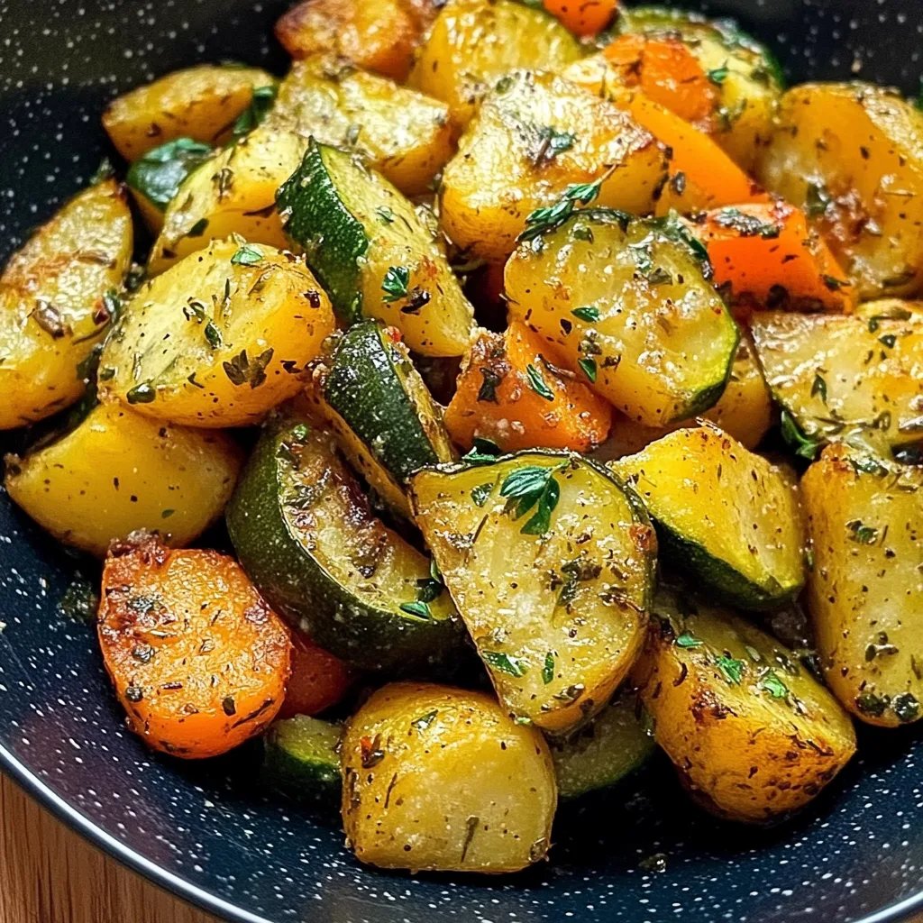 Knoblauch-Kräuter-Bratkartoffeln, Karotten und Zucchini