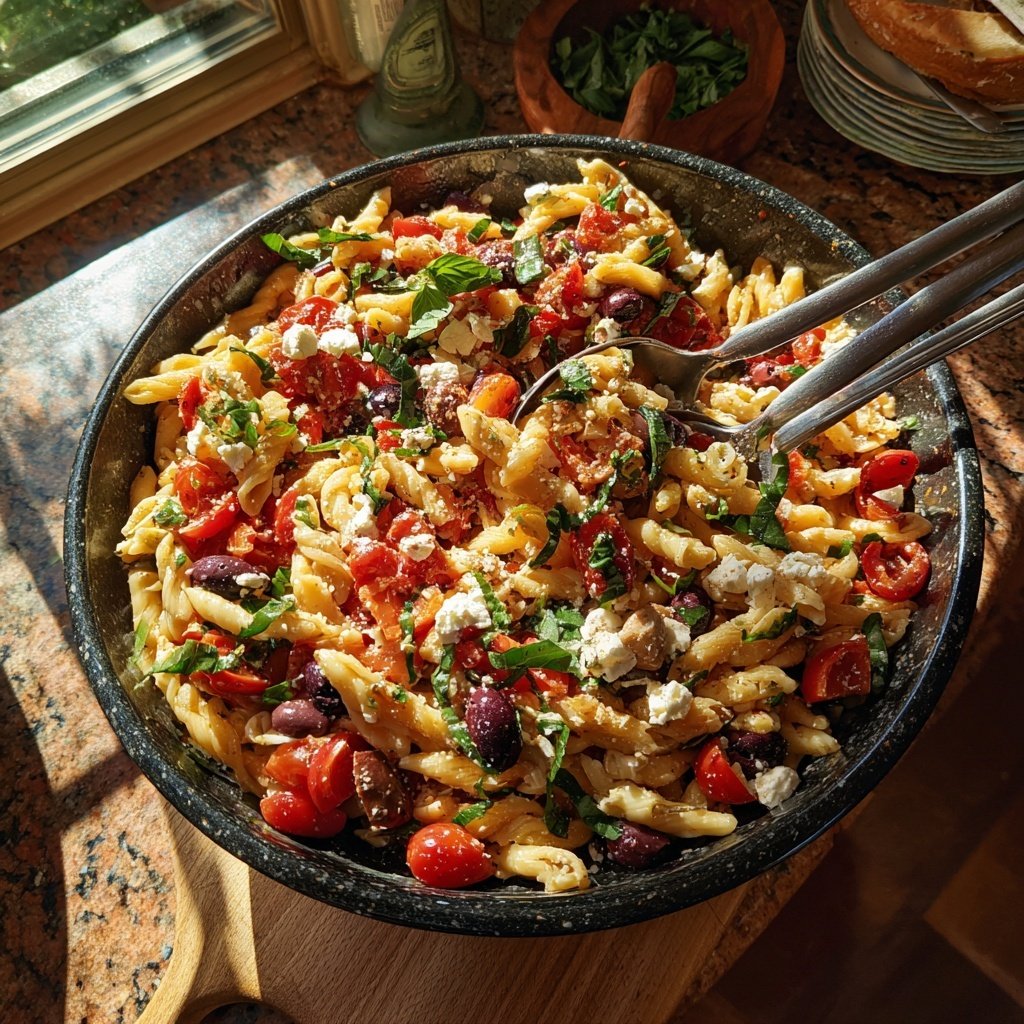 Mediterraner Nudelsalat Mit Basilikum